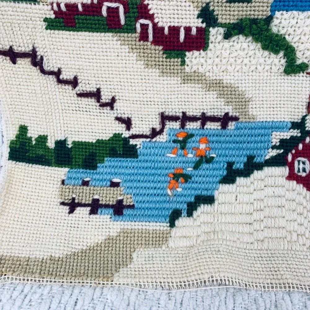 Handmade Needlepoint Winter Village Scene Farm Red Barn Snow Folk Art Tapestry